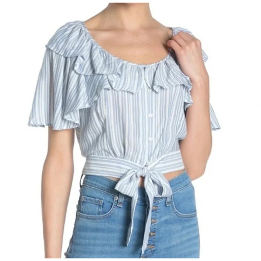 Free People Blue White Striped Ruffle Tie Front Crop Top‎ Blouse Womens Medium